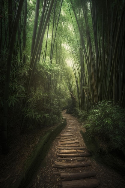 Тропинка в бамбуковом лесу с туманным и туманным утром Генеративный ИИ
