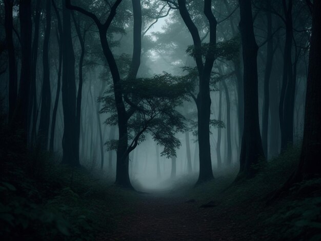 A pathway in a dark forest