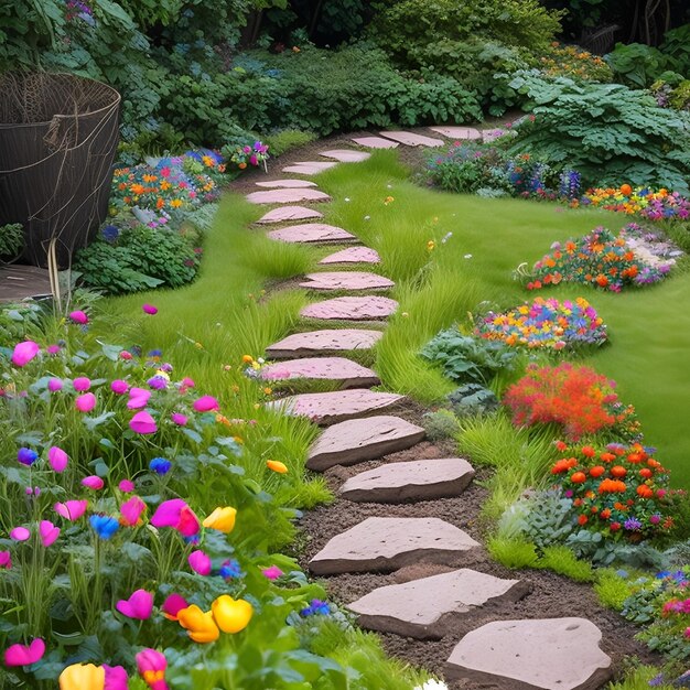 色とりどりの花やその他の植物が植えられた庭園の小道。