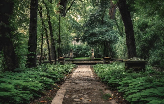 the pathway is lead through a park full of trees