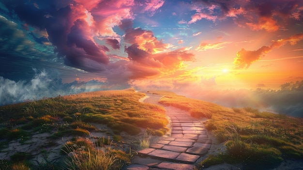 Photo a pathway leading to a bright horizon illustrating the hope and possibility in freedom