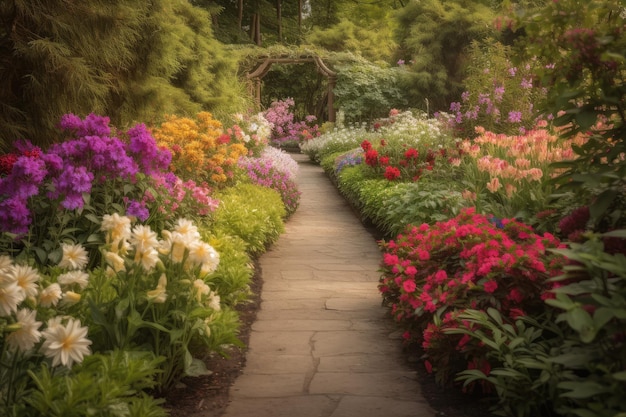 Pathway leading through garden with colorful flowers in bloom