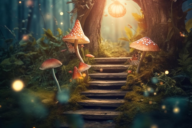 a pathway leads to a forest with mushrooms