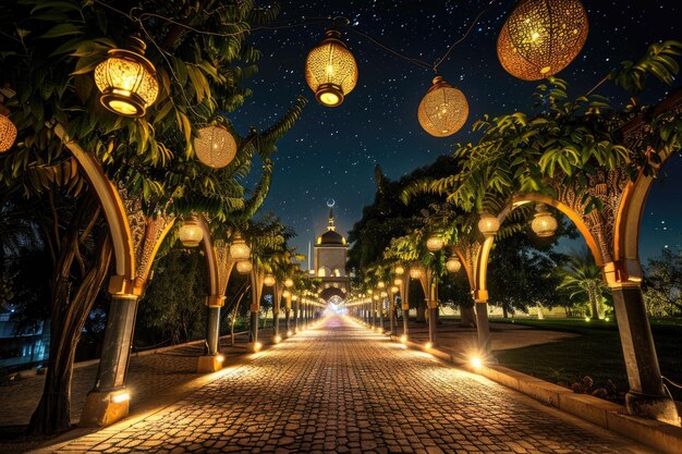 A pathway lined with glowing Ramadan lanterns under the night sky