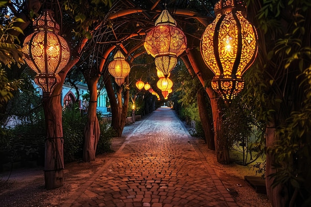 A pathway lined with glowing Ramadan lanterns under the night sky