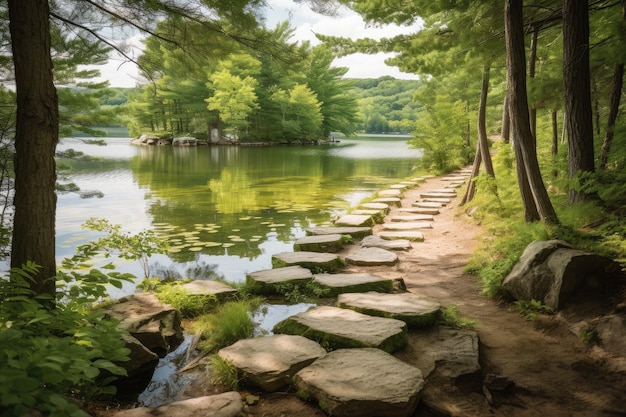 静かな湖へと続く自然の飛び石が並ぶ小道
