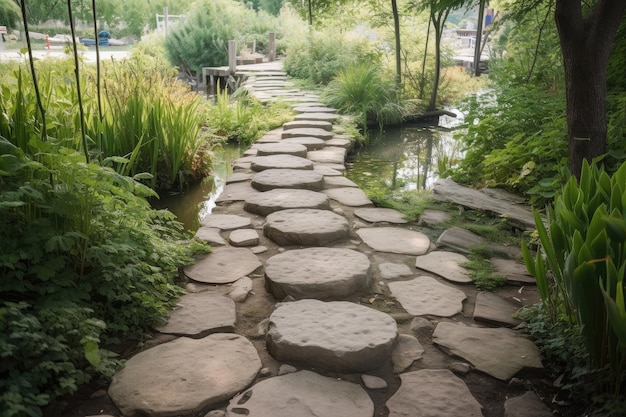 Pathway made of interlocking stones leading to a serene pond