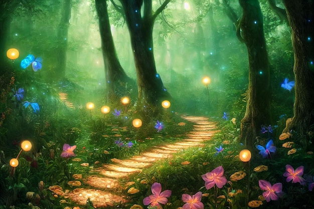 Pathway to magical forest surreal fantasy landscape 3d illustration