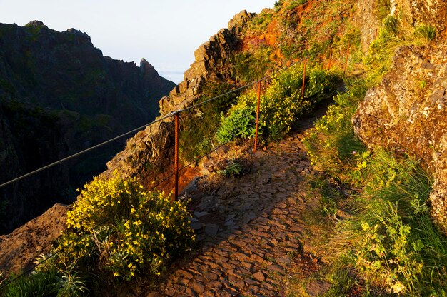 Photo pathway at mountain against sky