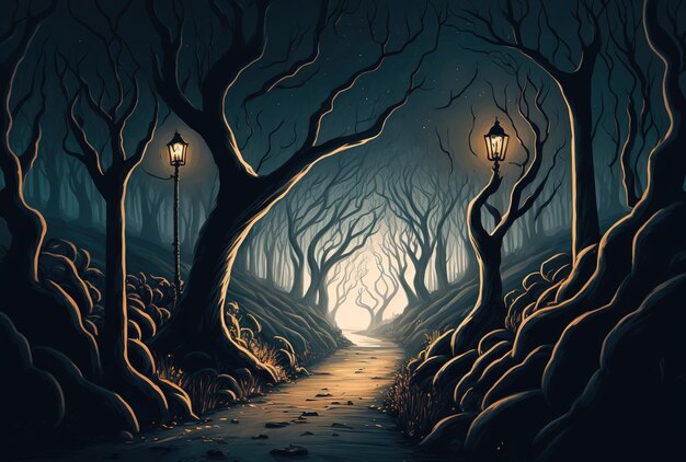 Pathway at night through barren trees