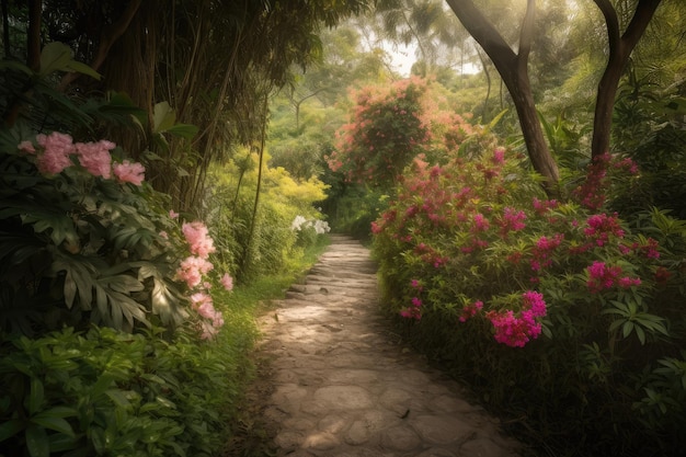 Pathway surrounded by lush greenery and blossoming flowers