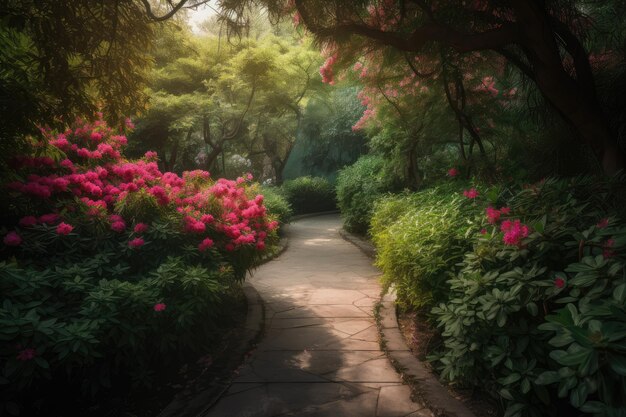 茂った緑とく花に囲まれた道