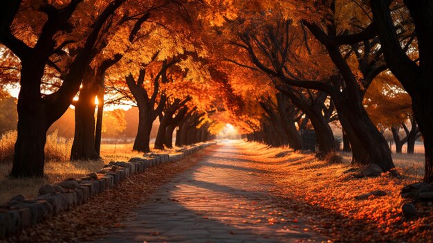 Pathway surrounded with trees and leaves at autumn