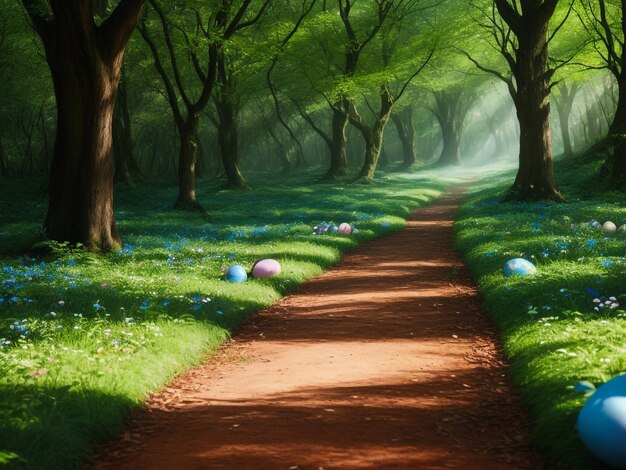 Pathway through a fantasy forest with rays of sunlight shining down