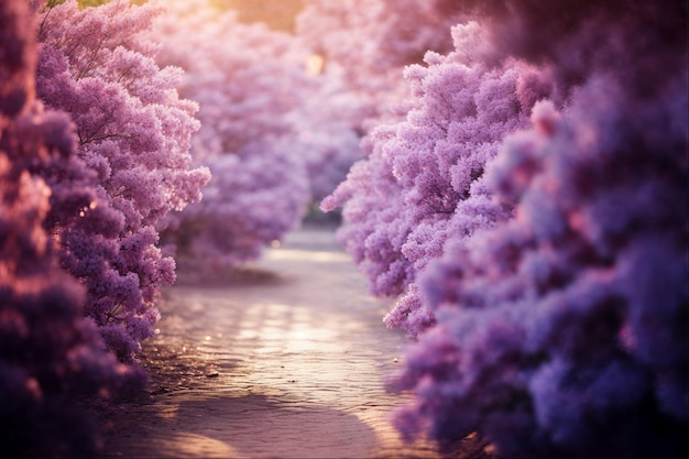 Pathway through flowering pink orchard at sunset