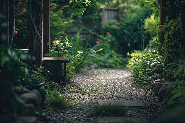 植物がたくさんある庭を通る道