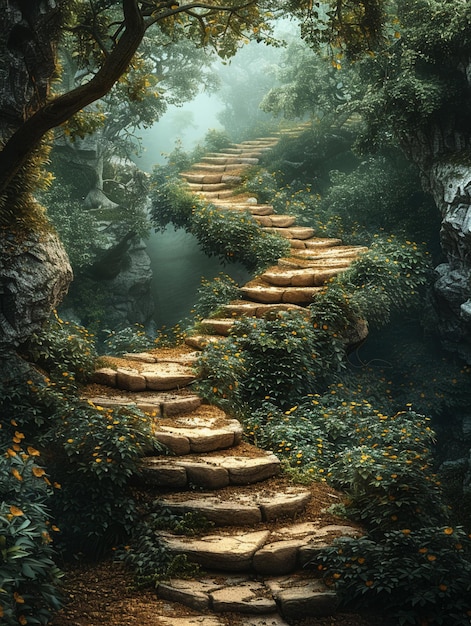 Photo a pathway through a mystical foggy forest