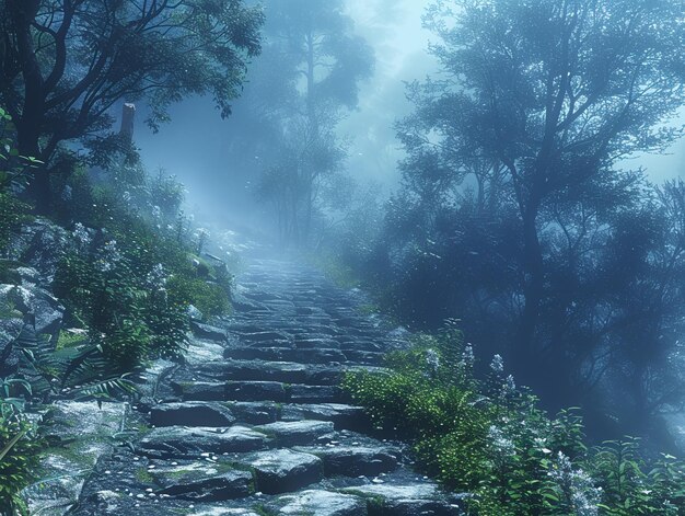 Photo a pathway through a mystical foggy forest