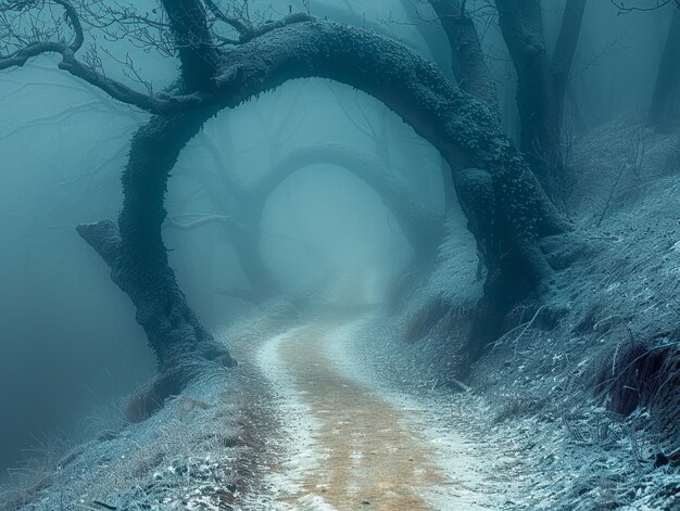 Photo a pathway through a mystical foggy forest