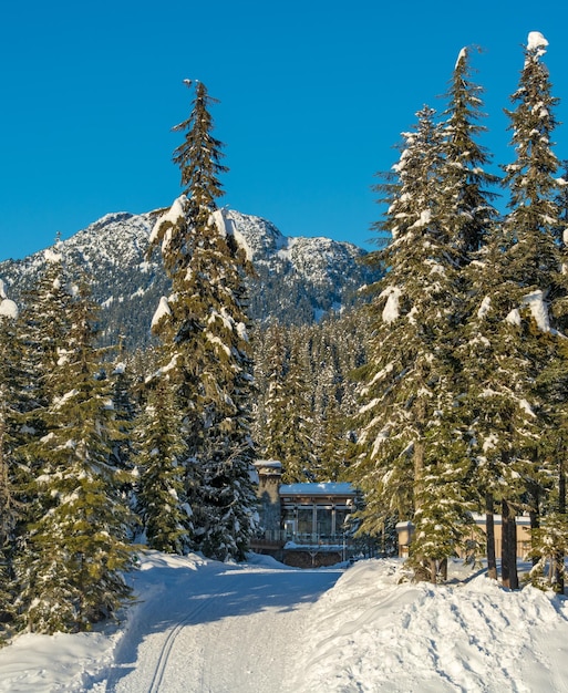 Pathway to a tourist shelter of a ski resort on the winter season