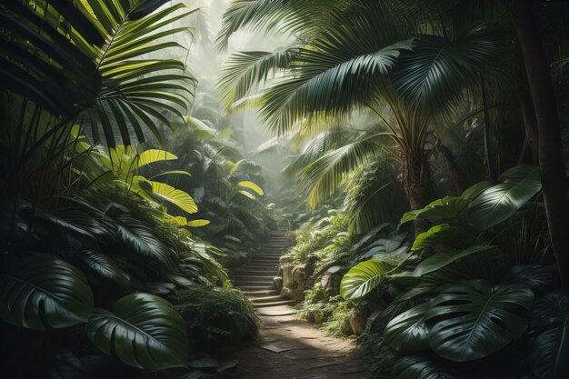 A pathway in tropical rainforest with palm trees and path in the mist ai generative