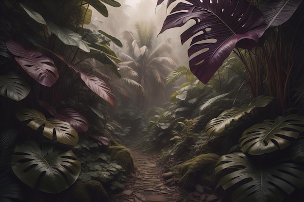 열대 열대 우림의 나무와 안개 속의 길
