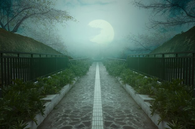 Pathway with green plants and fence with fog and moonlight background. Halloween concept