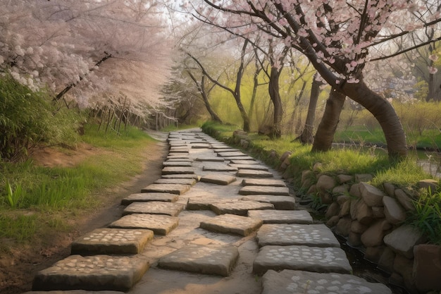 Pathway with stepping stones and cherry blossoms in full bloom