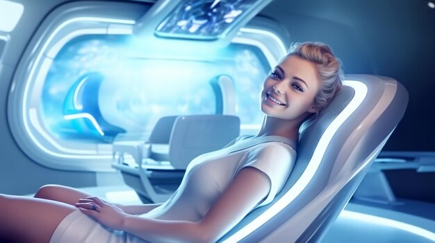 Patient at the dentist's appointment sitting in the dental chair dental treatment futuristic style