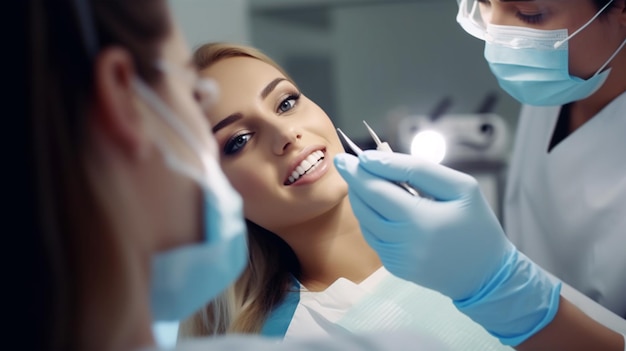 Patient at the dentist's appointment sitting in the dental chair treatment dentures Generated AI