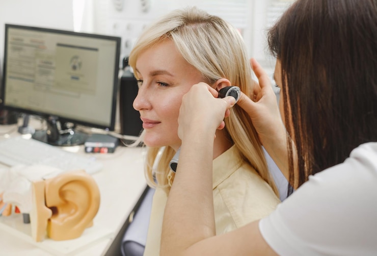 Foto patiënt die een gehoorcontrole ondergaat bij een dokter-otolaryngoloog