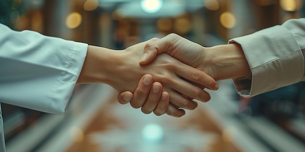 Patiënt en arts die elkaar de hand schudden als symbool van vertrouwen en zorg