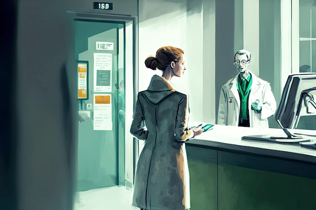 Patient entering office and talking to doctor at hospital reception