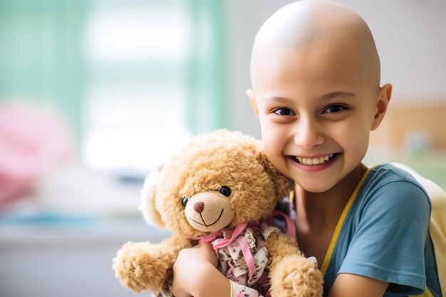 Patient girl smiling with her bear at hospitals bed