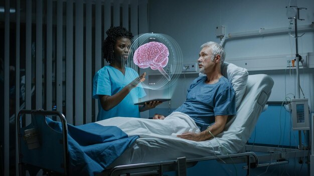 A patient in a hospital bed talks to a man with a brain on his chest.