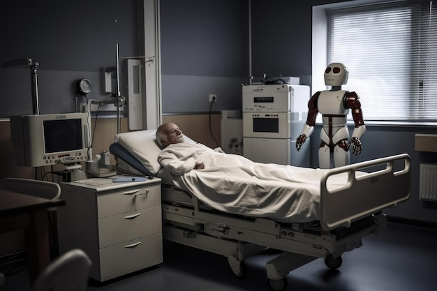Patient lying in a hospital bed surrounded by medical robots Generative AI