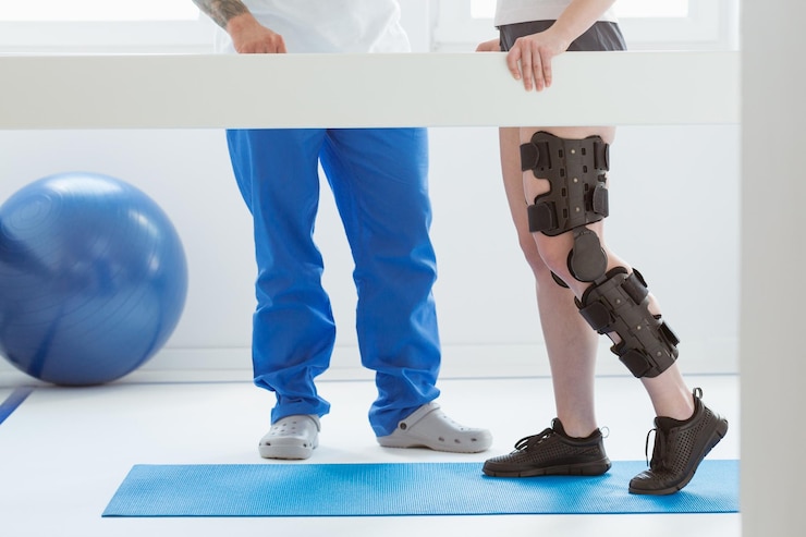 Photo patient and physiotherapist at the first appointment in orthopedic clinics