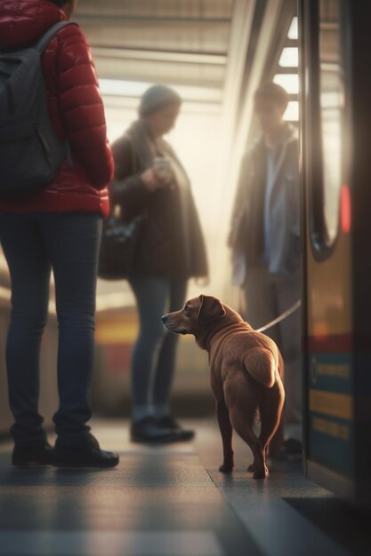 地下鉄の駅で出発を待つ患者の犬