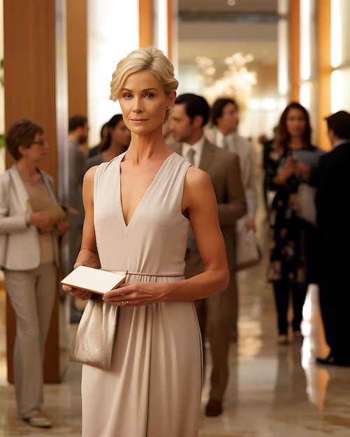 Patient senior blond woman standing near the reception and holding