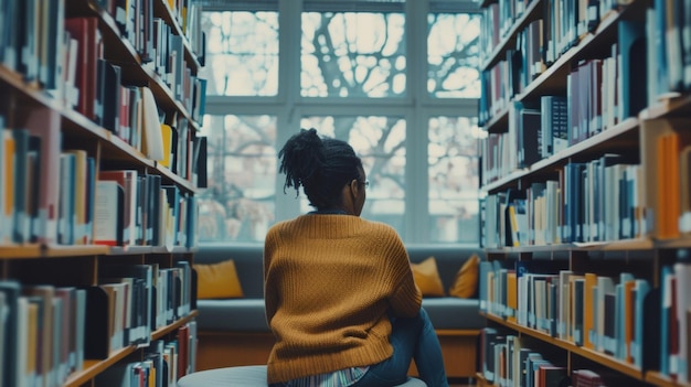 병원 도서관에 앉아있는 환자는 자기 관리와 정신 건강에 관한 책들로 둘러싸여 있습니다.