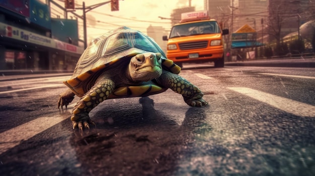 A patient turtle taking its time crossing the road AI generated