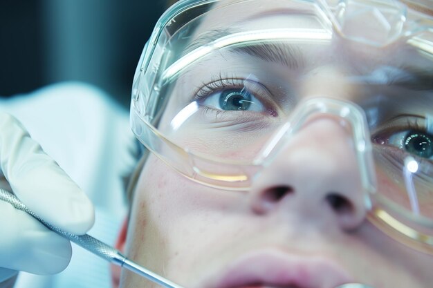 Patient with protective glasses during dental examination