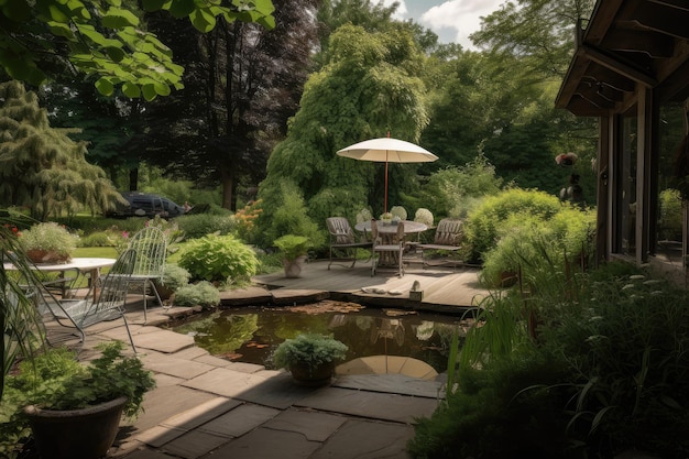 Patio and deck with view of a serene pond surrounded by greenery