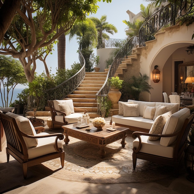 A Patio of a luxurious villa with beautiful view of the ocean and palm trees