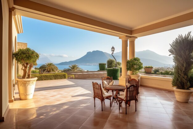 Patio of the luxurious villa with view of the sea and mountains in the background