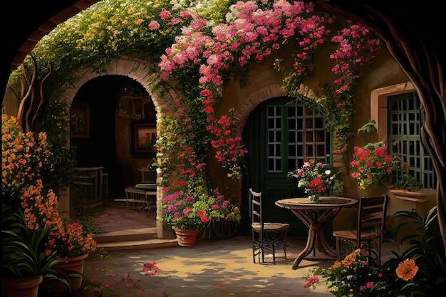 Patio surrounded by blooming flowers and greenery created with generative ai