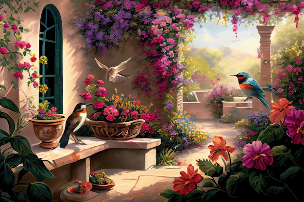 Патио, вид на сад с цветущими цветами и колибри, созданный с помощью генеративного ИИ