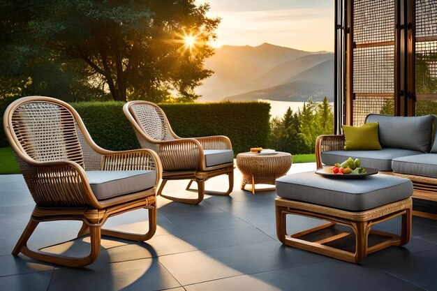 A patio with chairs and a table with a view of the mountains