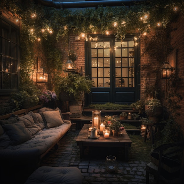 A patio with a couch and a table with a candlelight on it.