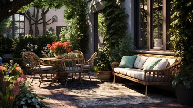 ソファと椅子のテーブルと庭園という看板を持つパティオ